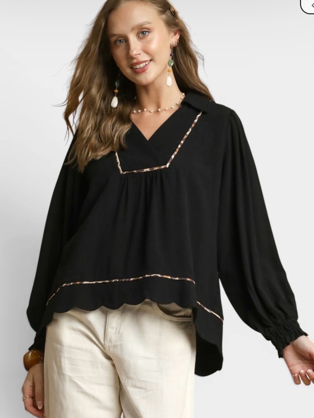 Umgee Black V-Neck Scalloped Hem Blouse with Metallic Trim